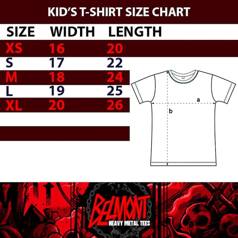 May include: A white t-shirt size chart for kids, with measurements in inches. The chart includes sizes XS to XL, with corresponding width and length measurements. The text "BELMONT HEAVY METAL TEES" is at the bottom.