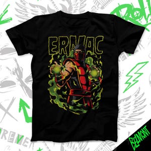 May include: Black t-shirt featuring a graphic of a masked character with the word "ERMAC" in yellow block letters. The character is depicted in red and black attire, holding two glowing green orbs, surrounded by green smoke.