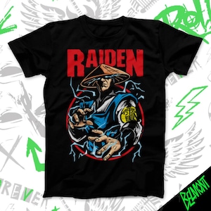 May include: Black t-shirt featuring a graphic of Raiden from Mortal Kombat. The design includes Raiden in a straw hat, blue and white clothing, and lightning bolts. The word "RAIDEN" is printed in red above the character.