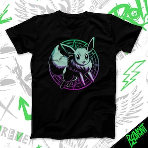 May include: Black t-shirt featuring a cartoon character with a light blue and purple color scheme. The character is surrounded by a circular design with a green and purple gradient. The word "Belmont" is printed in green on the bottom right.
