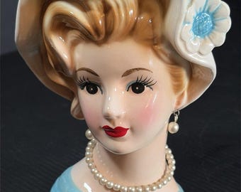Vtg Lefton Lady Head Vase Blue 6525 Pearl Earrings & Necklace 5.75 Tall