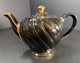 Vintage Sadler England Teapot Black W/Gold Swirl