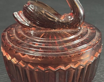 Vtg 60s Jeanette Brown Colored Glass Covered Dish Powder Jar w Figural Swan Lid