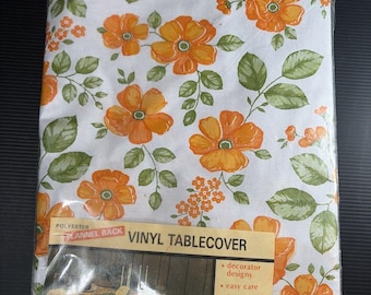 Vtg Kmart Vinyl Flannel Back Tablecloth Orange Wild Flower 52x70 Oblong