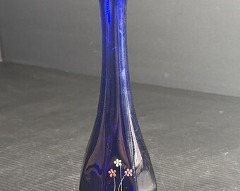 Vintage Fenton Cobalt Blue Stretch Swung Vase Painted Flowers Signed 7.5