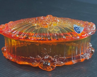 Fenton Amberina Oval Trinket Box With Cover in the Cabbage Rose Pattern 6.5