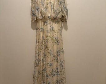 Vtg 70s Cream Delicate Blue Flowers Blouson Maxi Dress Floral Prairie Cottage