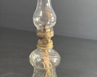 Vintage P&A Acorn Miniature Hurricane Clear Swirled Glass Oil Lamp 8"