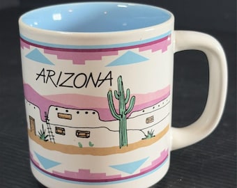 Vtg 80s Arizona Souvenir Mug Desert Cactus Roadrunner Pueblo Adobe Home