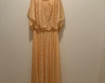 Vtg 70s-80s Gold Rose Overlay Blouson Maxi Dress Floral Prairie Romantic