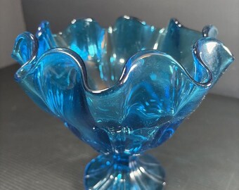 Vintage  L. E. Smith Peacock Blue Handkerchief MCM Swung Compote