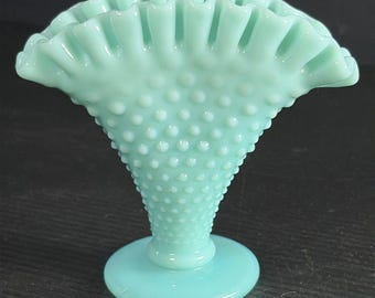 Vintage Fenton 1950s Turquoise Blue Hobnail Milk Glass Mini-Fan Vase