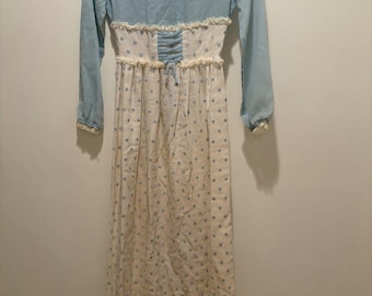Vtg 70s Baby Blue Sheer Polka Dot Maxi Dress Prairie Romantic w/ Slip READ