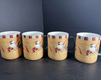 4 Lenox Winter Greetings Everday Tartan 4" Coffee Mugs Chickadees