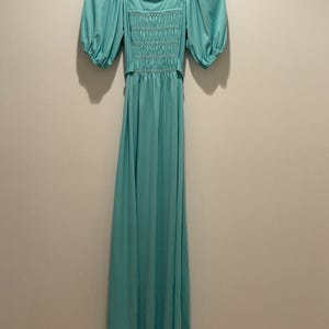 Vtg 70s Mint Green Poly Maxi Dress Smocked Prairie Romantic Sz 7 READ
