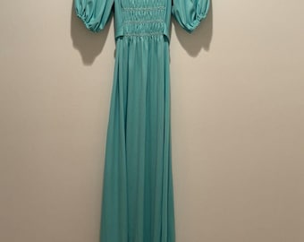 Vtg 70s Mint Green Poly Maxi Dress Smocked Prairie Romantic Sz 7 READ