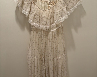 Vtg 70s Gunne Sax Cream Tiered Dress Floral Prairie Cottage Core READ