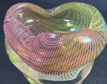 Vtg 1950s Harrachiv Bohemian Milan Metelak Latticino Art Glass Cigar Ashtray