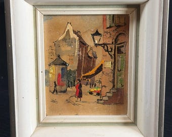 Vtg Mini Framed Oil On Print (?) Painting European Street Scene 4.25x3.75