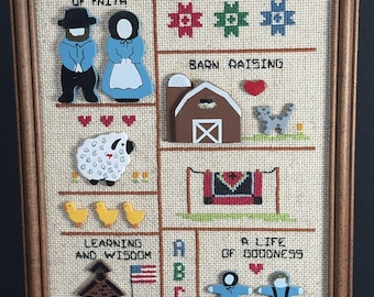 Vtg 1987 Cross Stitch And Wooden Appliqué Amish Farm Primitive Quilt