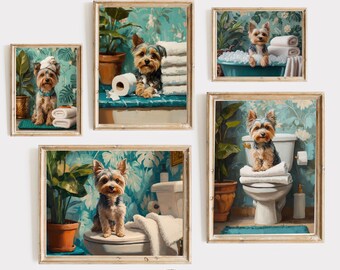 Väggkonst för badrum med Yorkshire terrier, set med 5 väggkonst, badtryck med Yorkshire terrier, turkos botanisk badrumsdekor, rolig hund, utskrivbar