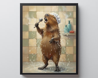 Capybara Shower Wall Art, Singing Bathroom Animal Print, Capybara Lover Gift, Funny Decor Printable