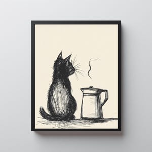 May include: A black and white sketch-style print featuring a black cat observing a steaming coffee pot. The artwork is presented in a black frame, offering a minimalist aesthetic suitable for kitchen or coffee-themed settings.