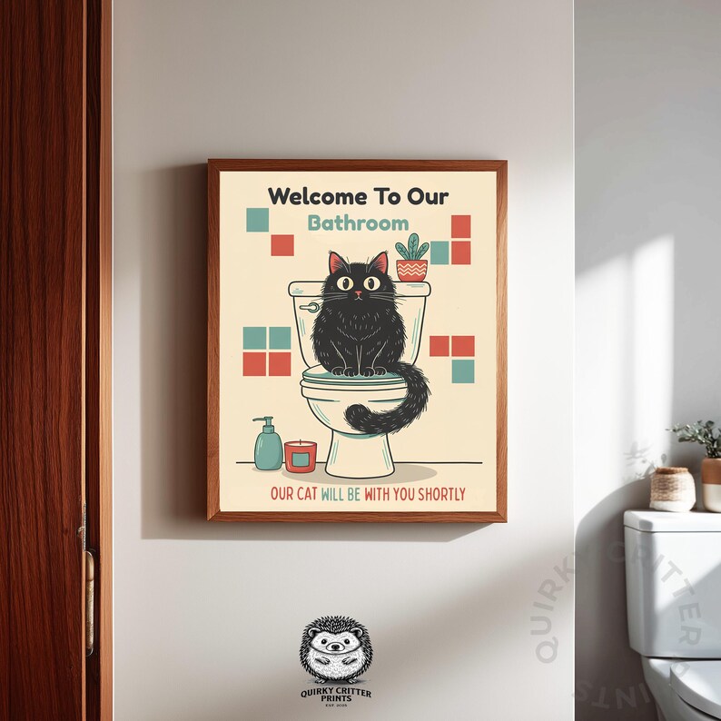 Funny Bathroom Cat Printable Wall Art, Welcome Bathroom Sign, Toilet ...