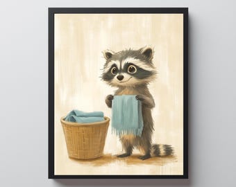 Raccoon Laundry Basket Wall Art, Baby Animal Towel Print, Raccoon Lover Gift, Funny Home Decor