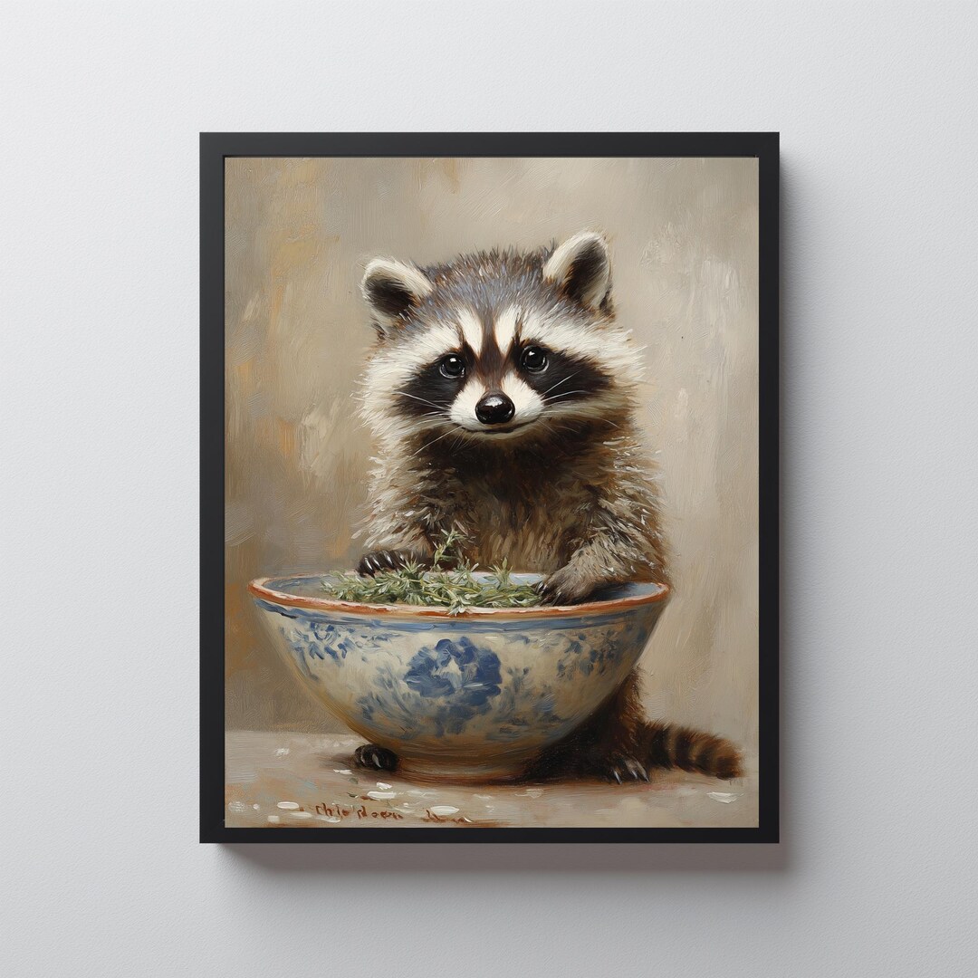 Rustic Raccoon Rustic Raccoon Cozy Oil Painting - Vintage Wild Animal Wall Art ...