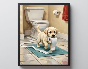 Funny Labrador Puppy Bathroom Wall Art, toilet Paper Dog Print, Cute Pet Lover Digital Download