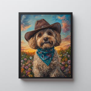 May include: A framed print of a dog wearing a brown cowboy hat and a blue bandana with a floral pattern. The dog is in a field of wildflowers with a sunset in the background. The artwork has a painted style.