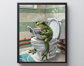 Funny Frog Bathroom Wall Art, Reading Newspaper on Toilet, Green Powder Room Humor Decor, Oil Painting Style Print, Animal Lover Gift