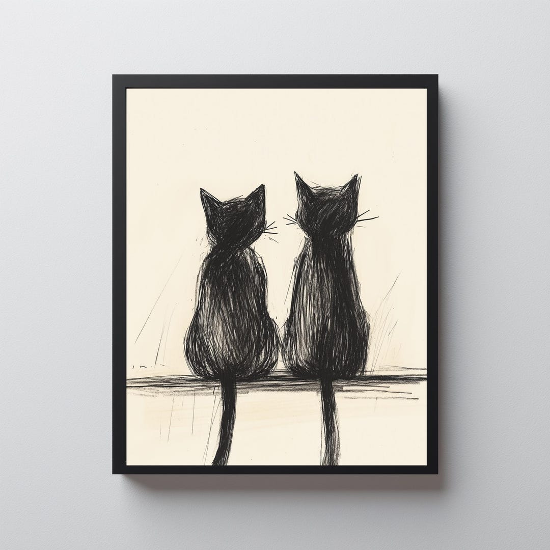 Printable Minimalist Cat Silhouettes Art - Neutral Sketchy Black and ...