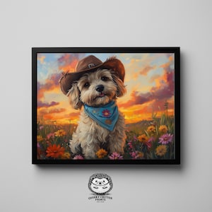 May include: A framed print of a dog wearing a cowboy hat and a blue bandana with a floral design. The dog is in a field of colorful flowers with a sunset background. The print is from Quirky Critter Prints.