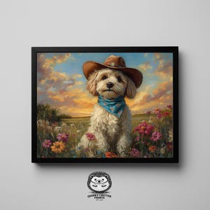 Peut inclure: Impression encadrée d'un chien portant un chapeau de cowboy marron et un bandana bleu, dans un champ de fleurs avec un coucher de soleil en arrière-plan. L'impression est de Quirky Critter Prints.