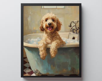 Cuadro de Goldendoodle en la bañera, divertida decoración de estilo rústico con perros (descarga digital)