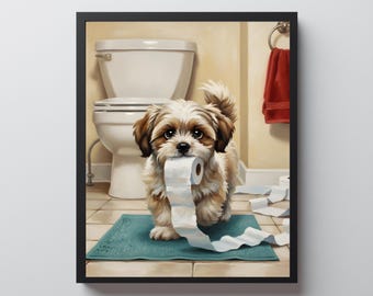 May include: Framed print of a small, fluffy dog with brown and white fur, holding a toilet roll. The dog is in a bathroom, standing on a teal mat, with a white toilet and scattered paper in the background.