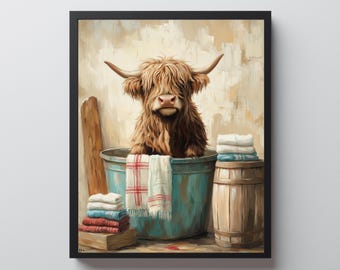Highland Kuh Waschküche, Bauernhaus Dekor, Waschküche, Ölgemälde Stil, Cottagecore Country Druck, Geschenk für Tierliebhaber