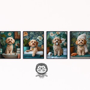 May include: Four framed prints depicting dogs in a bathroom setting. Each print shows a different scene: a dog in a sink, one on towels, one with toilet paper, and one with a towel on its head. The prints are framed.
