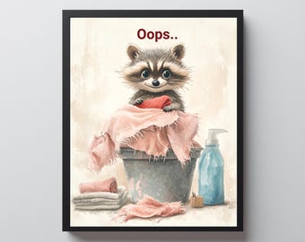Raccoon Laundry Room Wall Art, Funny Animal Bucket Print, Raccoon Lover Gift, Humorous Home Decor