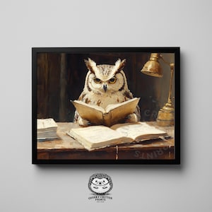 May include: A framed print featuring a detailed illustration of an owl wearing glasses and reading a book. The owl is positioned at a wooden desk with an open book, a stack of papers, and a brass desk lamp. The artwork has a vintage, scholarly theme.