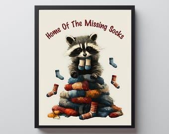 Raccoon Laundry Print, Home Of The Missing Socks, Funny Raccoon Decor, Printable Wall Art