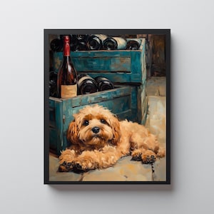 Puede incluir: Pintura enmarcada de un perro marrón dorado tumbado en un suelo embaldosado. Detrás del perro hay dos cajas azules llenas de botellas de vino. Una botella de vino con tapón rojo está delante de las cajas.