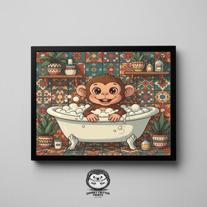 May include: A framed print featuring a cartoon monkey in a bathtub filled with bubbles. The monkey is brown with a smiling face. The background has a colorful tile pattern and potted plants. The print is in a black frame.