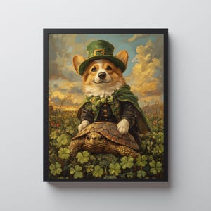 May include: A framed digital art print featuring a corgi dressed as a leprechaun, wearing a green hat and cape, riding a turtle through a field of clovers. The background shows a sunset sky.