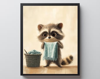 Raccoon Laundry Print, Woodland Decor, Raccoon Lover Gift, Printable Wall Art