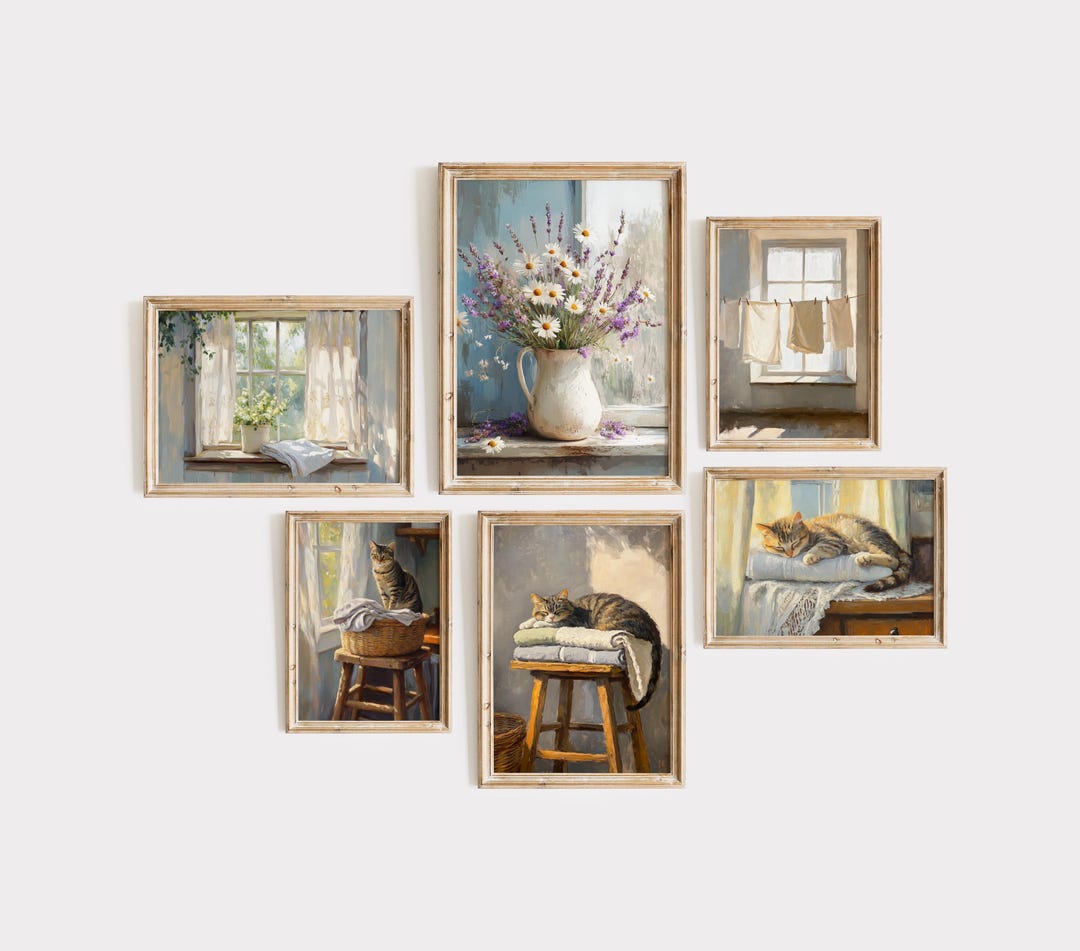 Cottagecore Printable Wall Art Set of 6, Cozy Interior Scenes With Cats ...