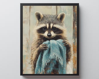 Raccoon Laundry Room Wall Art, Towel Animal Print, Raccoon Lover Gift, Farmhouse Bathroom Decor