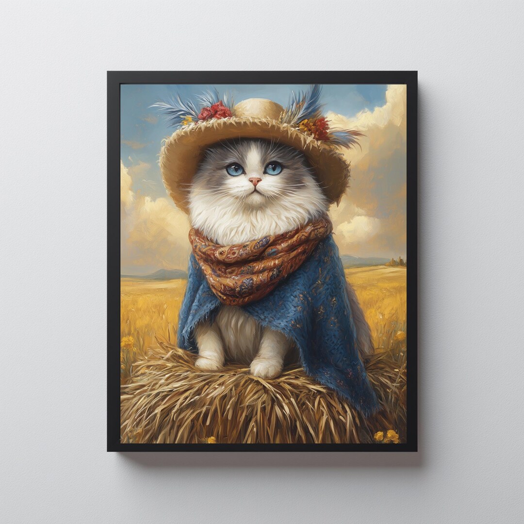 Printable Ragdoll Cat in Rustic Poncho - Cottagecore Wheat Field Scene ...